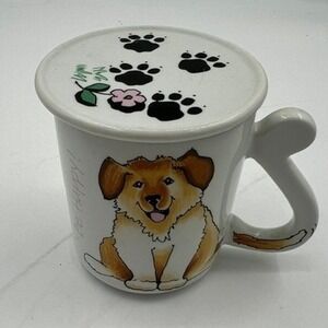 Mount Clemens Pottery Dog Mug Lid White Gold Be‎ Happy Tail Handle Japan Good